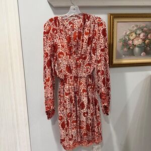 Natalie Martin 100% Silk Dress Red Print‎ Smocked Waist Wrap Mini Long Sleeve M